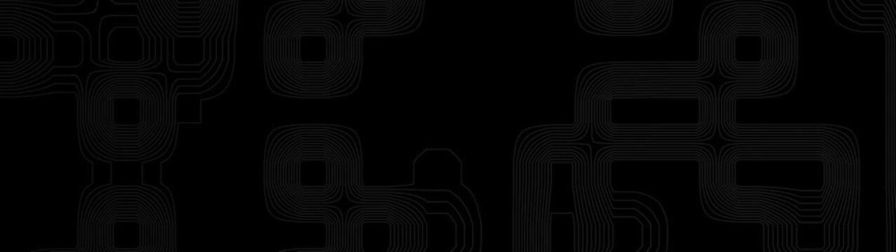 Abstract black background featuring subtle geometric contour lines forming rounded square patterns. Modern minimalist composition with layered linear textures, monochrome styling, and sophisticated te