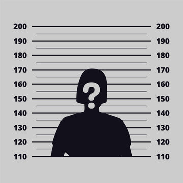 Police mugshot vector illustration featuring an unidentified female suspect silhouette standing in front of a height measurement chart with a question mark symbol on the face