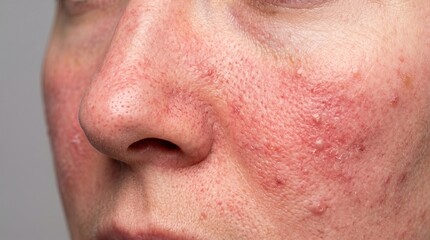 Naklejka premium Extreme close up of human face with severe rosacea facial redness and skin inflammation