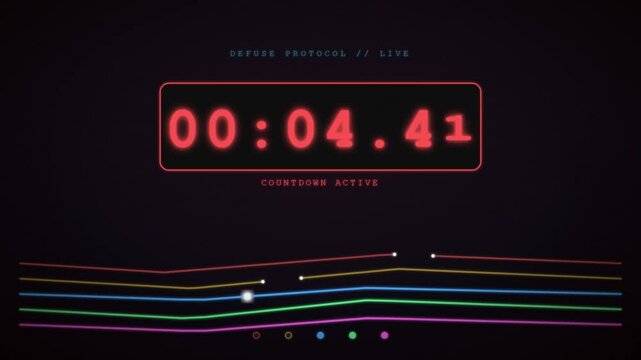 Digital bomb defuse protocol interface with an active countdown timer stopping successfully at the last second.