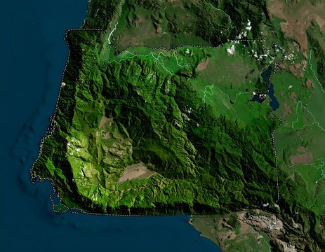 Satellite Image Showing Mountainous Coastal Region with Greenery and Ocean