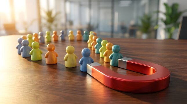 Large red magnet attracting diverse wooden figurines on desk conceptualizing human resources recruitment and inbound marketing
