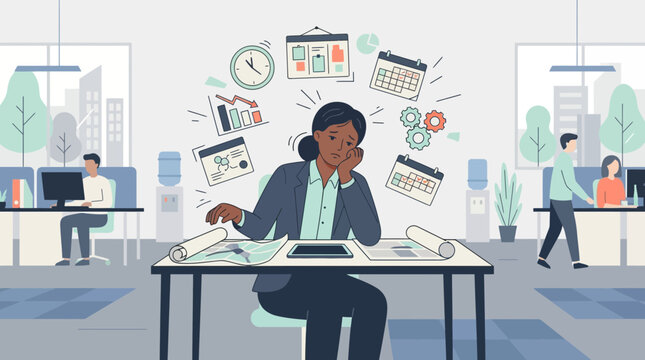 Overwhelmed businesswoman juggling tasks in busy modern office