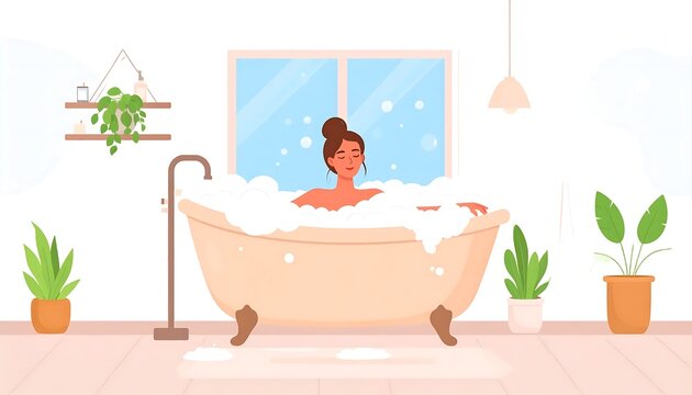 Woman Enjoying a Bubble Bath in a Cozy Bathroom