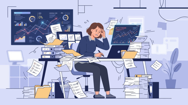 Stressed Woman Overwhelmed by Messy Desk and Data Overload