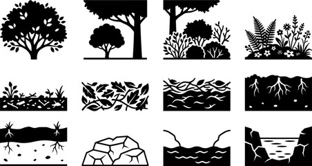 Set of Nature and Landscape Icons in Black and White Silhouette Style. © Wali