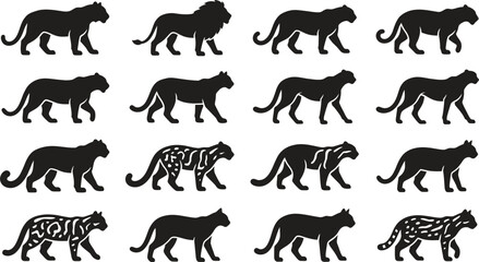 Set of wild cat icons with different patterns and poses. © Wali