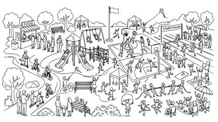 Obraz premium Diverse community park with playground, sports courts, and event activities