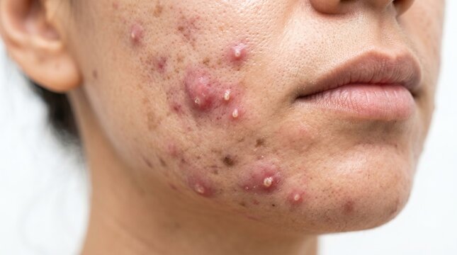 Close up of human face with severe cystic acne pustules and skin blemishes