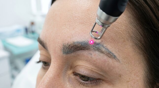 Close up of laser device removing permanent makeup tattoo from woman eyebrow