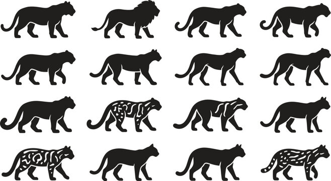 Set of wild cat icons with different patterns and poses.