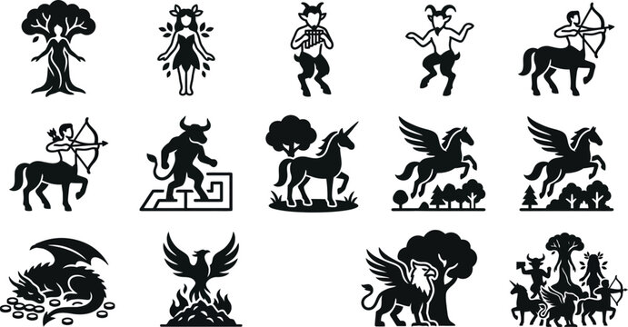 Set of mythological creatures and fantasy beasts silhouettes.