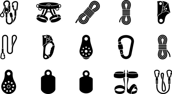 Set of mountaineering and climbing equipment icons in black.