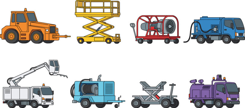 Industrial Utility Service Vehicles and Equipment Vector Set with Maintenance and Construction Machines