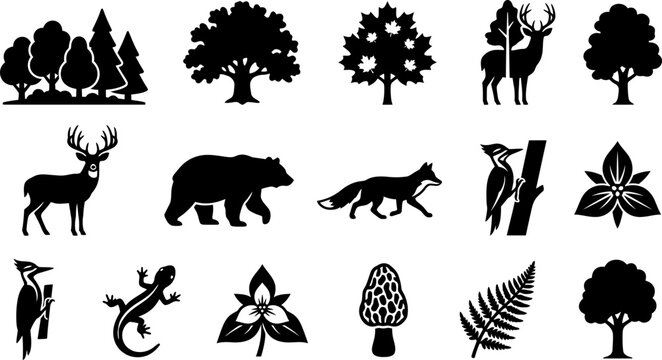 Set of black silhouettes of forest animals trees and nature elements.
