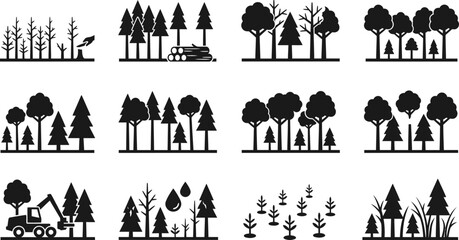 Set of black forest and forestry icons and symbols.