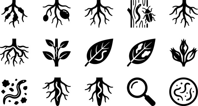 Set of black icons representing plant pathology and soil pests.