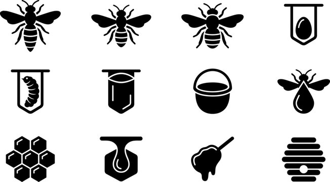 Set of black bee and beekeeping related vector icons.