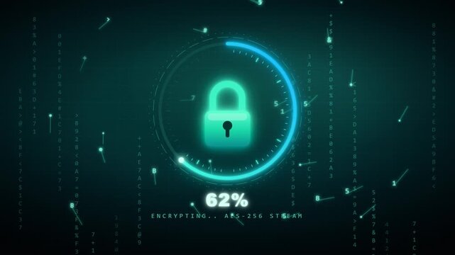 Digital padlock security interface encrypting data with a matrix code background and establishing a secure channel.