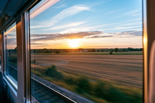 Countryside viewed through a moving train window