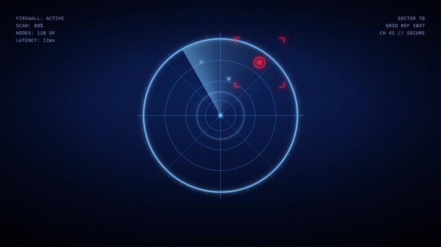 Digital radar interface scanning a secure network before flashing a red system breach and unauthorized access warning.