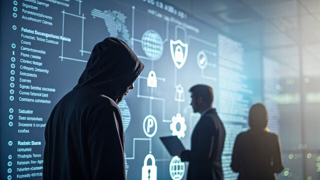 Hooded figure stands in dimly lit room with digital screens displaying cybersecurity data, highlighting digital privacy concerns