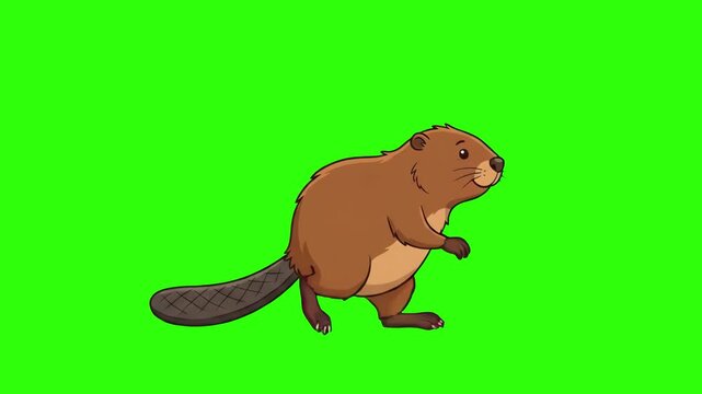 A cute 2D cartoon beaver with a flat tail and brown fur walks steadily in profile view against a vibrant green screen background. This animated walking cycle is perfect for educational children's vide