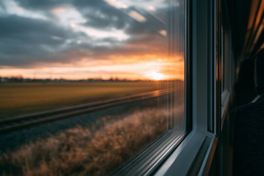 Countryside viewed through a moving train window