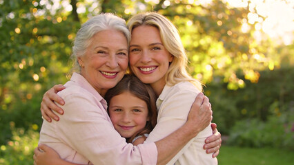 Fototapeta premium Three generations of women embracing outdoors