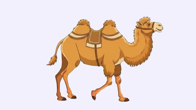 A smooth 2D cartoon animation loop of a two-humped Bactrian camel walking forward steadily, isolated on a clean white background. Perfect for desert safari commercials, children's educational cartoons