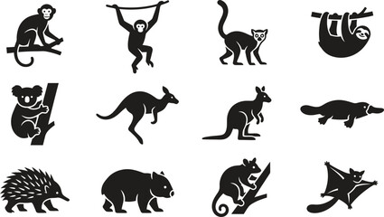 Collection of black and white wild animal silhouettes icons. © Anggun