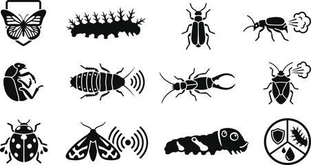 Collection of various insect icons in black silhouette style. © Anggun