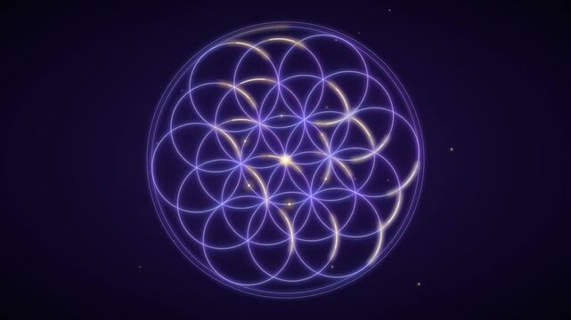 Glowing neon flower of life sacred geometry symbol drawing on a dark starry background.