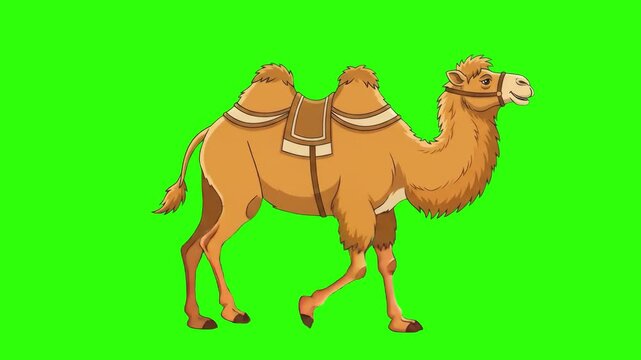Animated cartoon Bactrian camel with two humps and saddle walking isolated against a solid green screen backdrop. Perfect for desert environment animations, educational wildlife videos, travel content