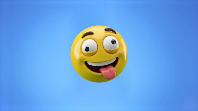 A yellow 3D emoticon with cross-eyed expression and stuck-out tongue floats playfully against a solid blue backdrop. This lighthearted animation is ideal for social media content, comedy videos, and y