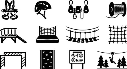 Set of rope park and adventure course icons and symbols. © Anggun