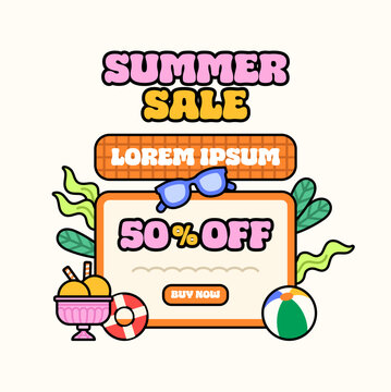 Summer sale discount banner with ice cream and beach elements vector illustration
