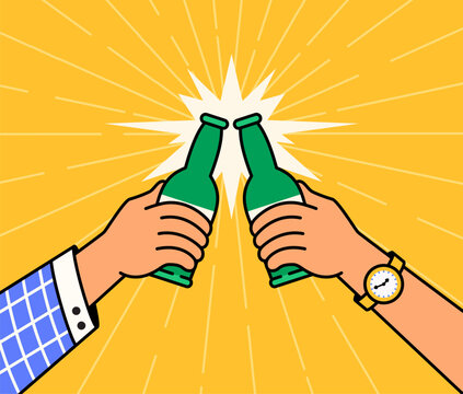 People clinking champagne bottles in celebration flat illustration