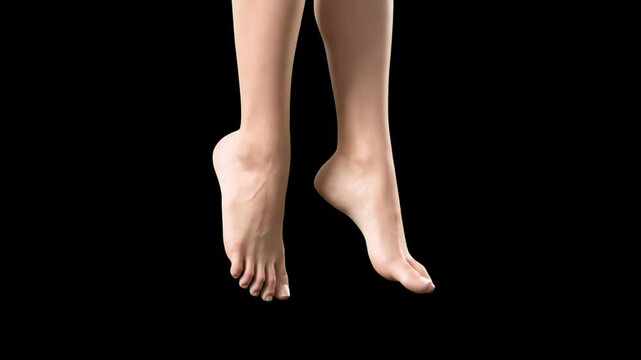 A striking 3D render of clean female bare feet and ankles floating gracefully, set against a dramatic, high-contrast solid black backdrop. Great for luxury cosmetic promotions, artistic anatomy studie