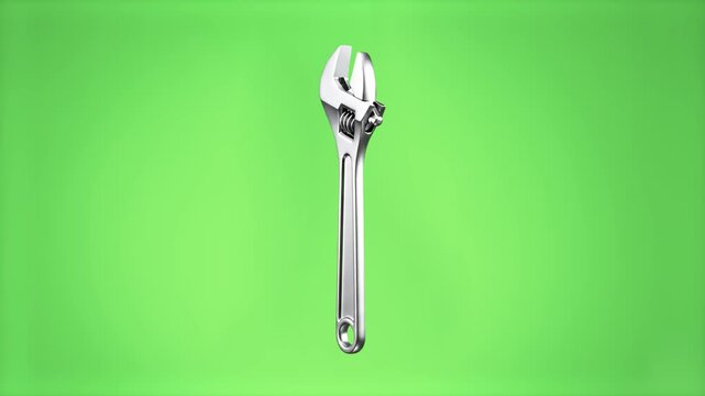 A detailed 3D rendering of a silver adjustable crescent wrench positioned vertically, isolated on a bright chroma key green screen background. Perfect for video overlays, technical editing elements, a
