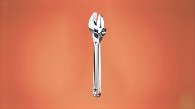 A clean 3D render of a metallic chrome adjustable spanner wrench standing vertically, isolated against a solid pastel orange background. Ideal for DIY hardware tutorials, construction service advertis