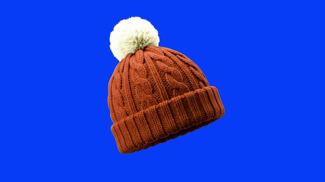 A warm brown cable-knit winter beanie with a light pom-pom floating over a solid blue key backdrop. Perfect for autumn and winter clothing campaigns, outdoor gear catalogs, and digital compositing.