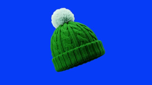 A detailed 3D render of a cozy green cable-knit winter beanie topped with a fluffy pom-pom, isolated on a solid blue screen background. Ideal for winter fashion promos, seasonal apparel ads, and cold 