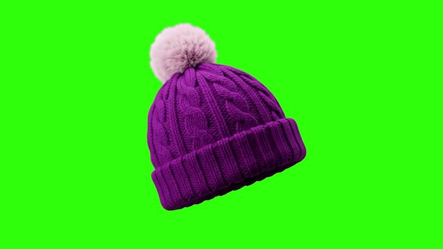 A vibrant purple cable-knit winter beanie hat featuring a fluffy pompom floating against a solid green screen backdrop. Suitable for apparel advertising, seasonal fashion campaigns, online clothing st