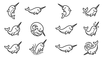 Cute narwhal doodle icon set in black and white line art. © jenci