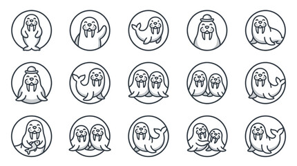 Set of cute cartoon walrus character icons in outline style. © jenci