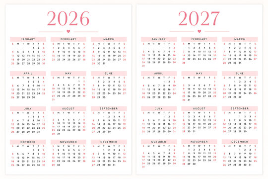 Minimalist 2026 and 2027 Calendar Grids with Pink Accents in a Clean Modern Layout Style
