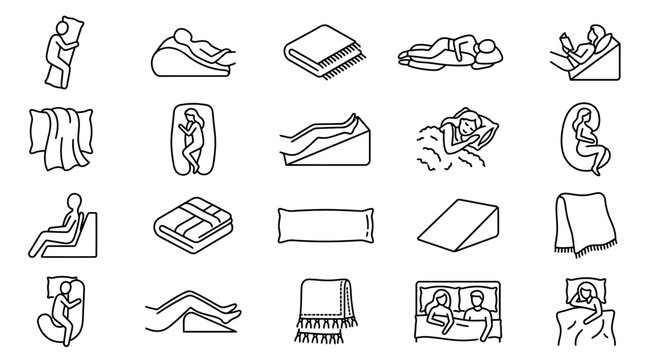Comfortable Sleeping Positions and Bedding Aids Icons Set