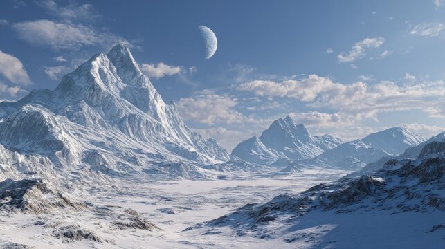 Vast snow-covered mountain landscape with crescent moon and blue sky