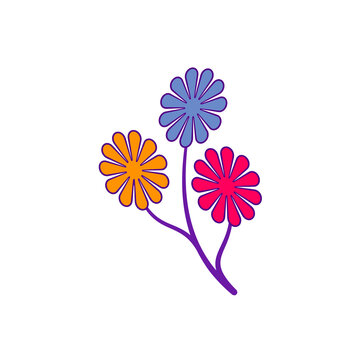 Isolated PNG icon featuring a plant branch with three colorful daisy flowers in orange, blue, and pink colors for floral decoration. Transparent PNG Illustration